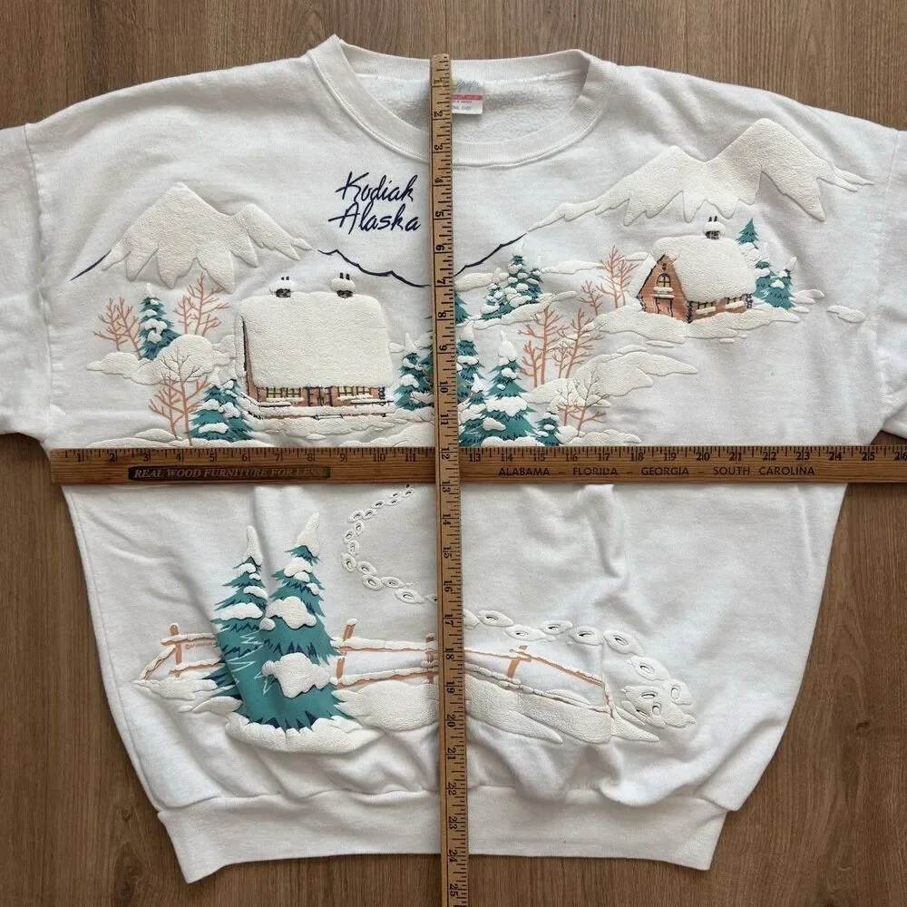 Vintage 90s Kodiak Alaska Puff Print Sweatshirt Scenic Cottage AOP USA Made OS